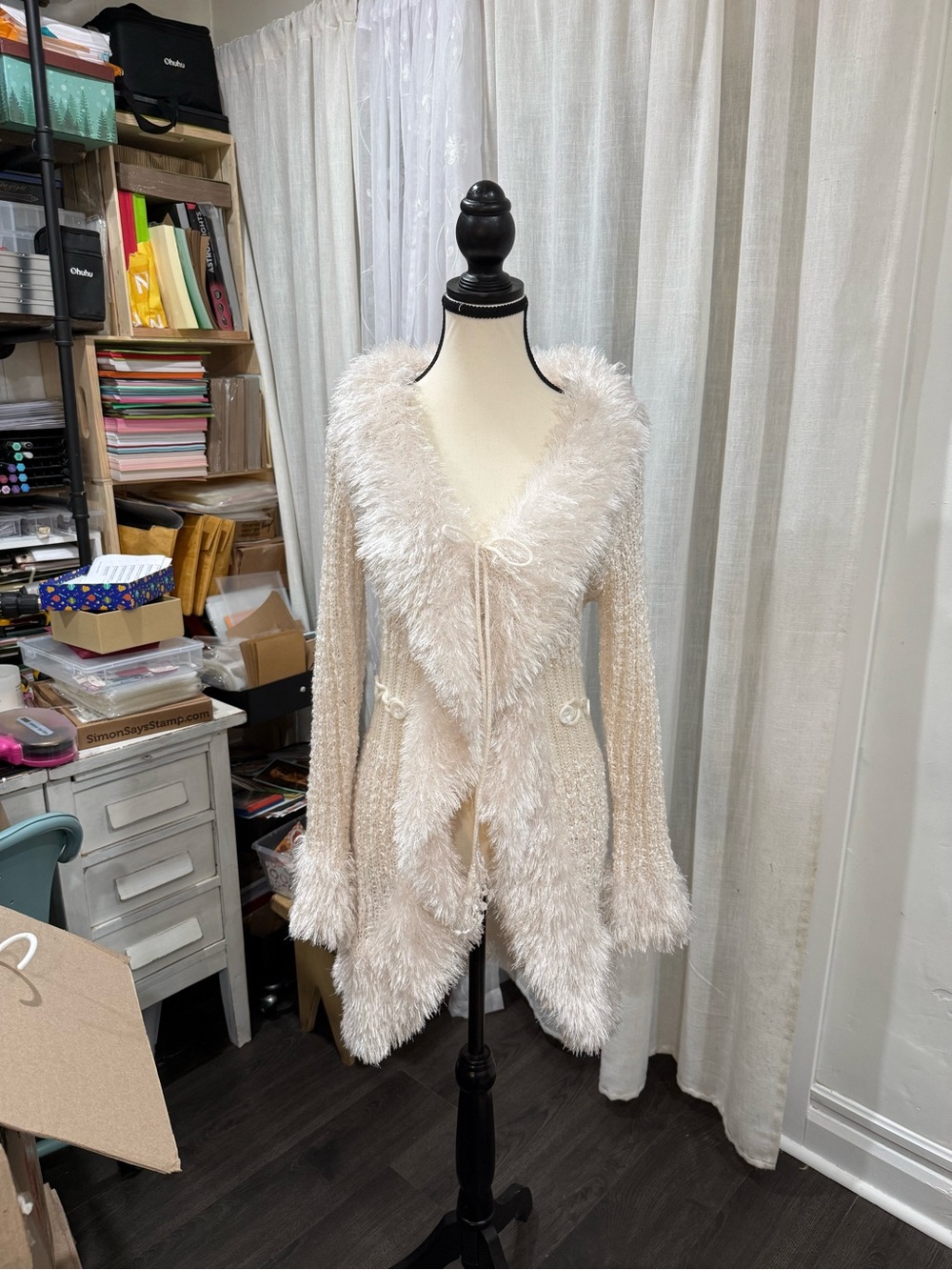 SHAN Cream Plush Teddy Cardigan with Faux-Fur Trim
